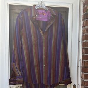 Robert Graham Men's Embroidered Rainbow Striped Long Sleeve Button Up lg